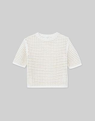 Cotton-Silk Net Stitch Short Sleeve Sweater - Beige by Lafayette 148 NY