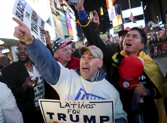 Supporters of Republican presidential candidate Donald Trump react to reports that he had won North Carolina while they were watching results in Times Square, New York, Tuesday, Nov. 8, 2016. (Photo: Seth Wenig/AP)