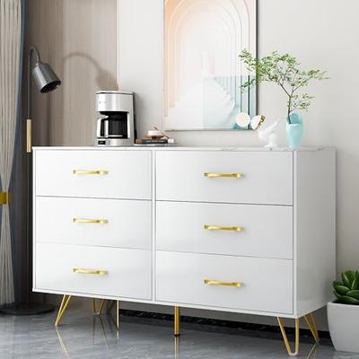 White Dresser, Dresser with 6 Drawers, Wide Chest of Drawers with Gold  Handles 