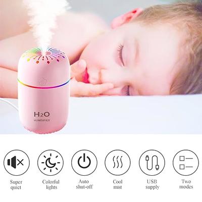 Mini humidificador, humidificador portátil con luces de 7 colores, humidificador  pequeño de 300 ml para bebés, oficina, dormitorio, dormitorios bebé rosa