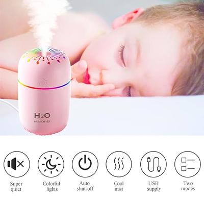 Mini humidificador, humidificador portátil con luces de 7 colores,  humidificador pequeño de 300 ml para bebés, oficina, dormitorio,  dormitorios bebé rosa