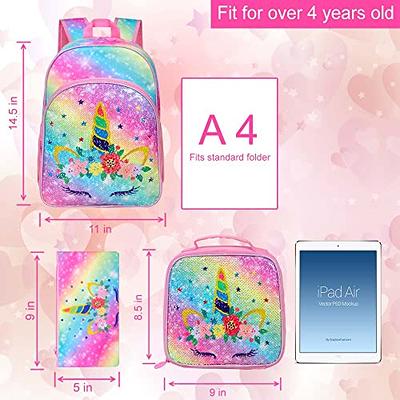 AGSDON 3PCS Unicorn Backpack for Girls, 16 Little Kids Sequin Preschool  School Bookbag and Lunch Box