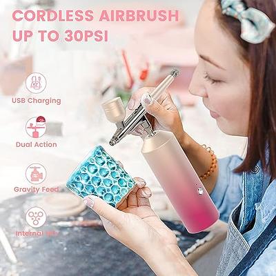  Airbrush Kit with Compressor, Air Brush Gun Rechargeable  Portable High Pressure Air Brushes with 0.3mm Nozzle and Cleaning Brush Set  for Painting, Tattoos, Nail, Makeup, Art, Cake Decorating (Pink) : Arts