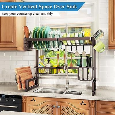 Over The Sink Dish Drying Rack, Width Adjustable (26.8 to 34.6) 2 Tier  Dish Rack Drainer for Kitchen Counter Organization and Storage, Utensil  Sponge Holder Sink Caddy Dryer Rack Black 