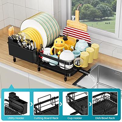 Dish Drying Rack - Expandable Dish Racks - Large Stainless Steel Dish  Drainer for Kitchen Counter with Utensil Holder and Cup Holder, Black
