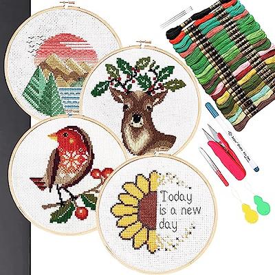 3pcs Embroidery Kits for Beginners,Include Embroidery Clothes with Pattern,3pcs  Embroidery Hoops and Instructions, Scissors,Flowers Plant Cross Stitch Set  for Adults DIY Decor Living Room 