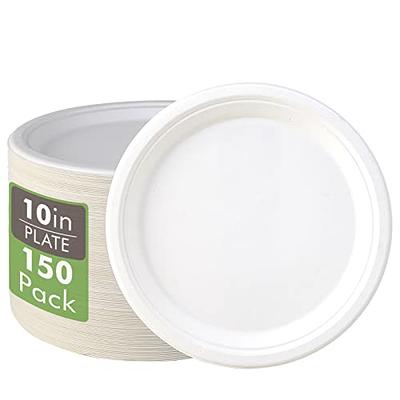 Vplus 150 Pack Compostable Disposable Paper Plates 10 inch Super Strong Paper  Plates 100% Bagasse Natural Biodegradable Eco-Friendly Sugarcane Plates( white) 10 in White