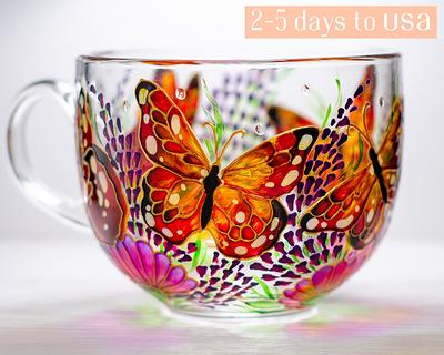 Monarch Butterfly Glass Coffee Mug, Butterfly Mason Jar Cup