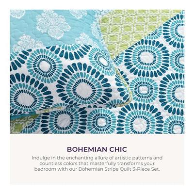 3pc Full/Queen Bohemian Stripe Reversible Oversized Cotton Quilt Bedding  Set Blue/Green - Lush Décor