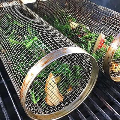 BBQ Rolling Grill Basket, Stainless Steel Wire Mesh Cylinder Grilling  Basket, Portable Outdoor Camping Barbecue Rack for Vegetables, French  Fries