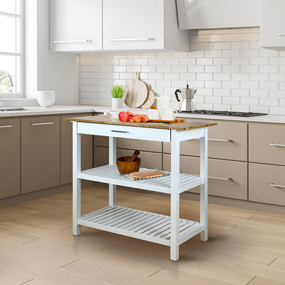 ARTCHIRLY Brown Solid Wood Top 53.1 in. White Kitchen Island with Drop Leaf, Cabinet Door Internal Storage Racks and 3-Drawers