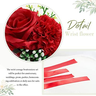 2PCS Wrist Corsage and Boutonniere Set Red Rose Wrist Corsage Bracelets  Bride Bridegroom Bridesmaid Corsage Wrist Silk Artificial Flowers for  Wedding