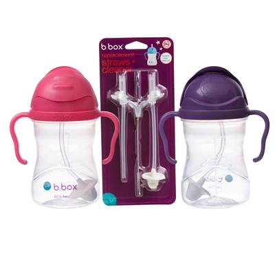 b.box Sippy Cup + Replacement Straw and Cleaner Pack, Includes 2 Weighted Straw  Sippy Cups (Raspberry & Grape)