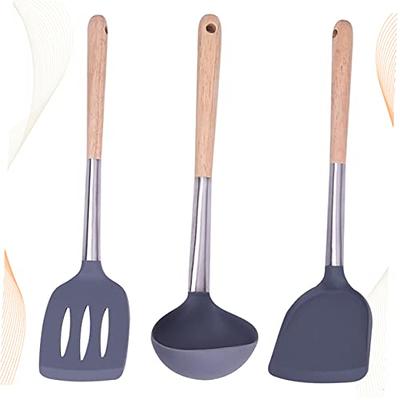 Silicone Kitchen Utensils Set with Holder - Heat Resistant Cooking Utensils  Set for Nonstick Cookware,Wooden Handle Soup Spoon Kitchen Utensil Set 5PC