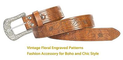 XuoAz Western Cowboy Belt for Men Women - Floral Engraved PU