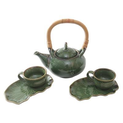 Green Ceramic and Bamboo Tea Set for Two (5 Pcs) - Honeymoon Tavern