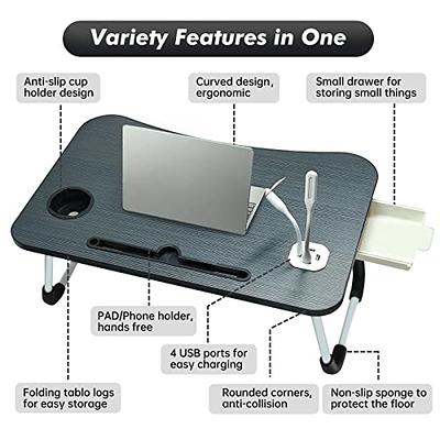 Foldable Lap Desk for Bed, Bed Tray Table with 4 USB Ports, Holder Slots, Cup Holder and Drawer, Laptop Desk Table with Mini Lamp, Fan, Portable