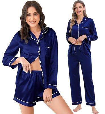 SWOMOG Womens 3pcs Silk Satin Pajama Set Long Sleeve Sleepwear Button Down  Loungewear Pjs Navy Blue - Yahoo Shopping