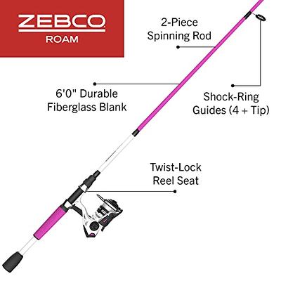  Zebco Roam Spinning Reel and Fishing Rod Combo, 6-Foot 2-Piece  Fiberglass Fishing Pole, Split ComfortGrip Handle, Soft-Touch Handle Knob,  Size 20 Reel, Changeable Right- or Left-Hand Retrieve, Black