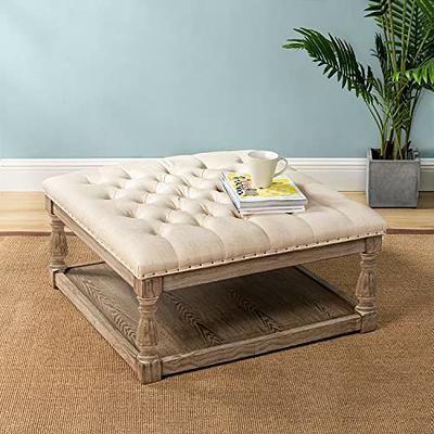 Tufted Button Linen Ottoman Coffee Table, Large Footrest with