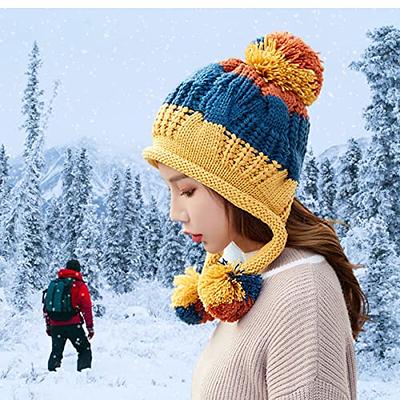 Women Winter Beanie Hat Warm Fleece Lined Knit Beanie pom pom Winter Hat  for Women, Black Beanie 