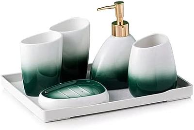 Dracelo 4-Piece Bathroom Accessory Set with Toothbrush Holder, Vanity Tray, Soap Dispenser, Qtip Holder in. White