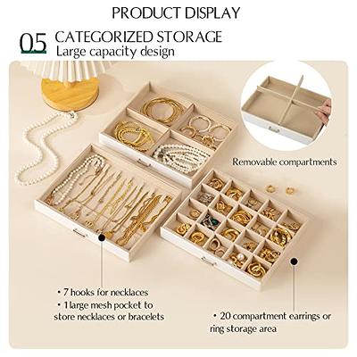  DesignSter Jewelry Organizer - 3 layers PU Leather Jewelry  Storage Case with Removable Jewelry Tray Large Jewelry Box for Holder  Necklace Earrings Rings Bracelets(Beige) : Clothing, Shoes & Jewelry