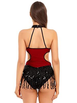 iiniim Sparkly Sequin Bodysuit for Women Fringe Top Latin Dance Leotard  Gymnastics Dancewear