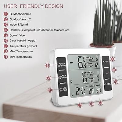 Refrigerator Thermometer, Wireless Digital Freezer Thermometer with 2  Sensors, Audible Alarm, Min and Max Record, Large LCD Display for Home