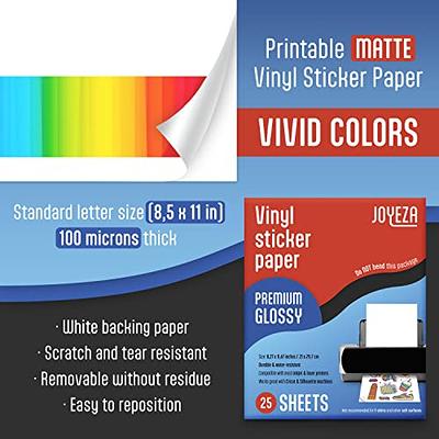 JOYEZA Premium Printable Vinyl Sticker Paper for Inkjet Printer - 25 Sheets  Matte White Waterproof, Dries Quickly Vivid Colors, Holds Ink well- Tear