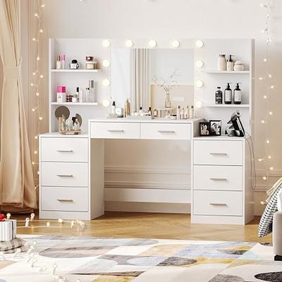 46.7 Makeup Vanity Table with Mirror, Vanity Desk with 5 Drawer, Bedroom Dressing Table, White Latitude Run