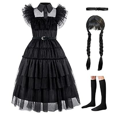 Kids Wednesday Addams Black Dance Dress with Belt Halloween Cosplay Costume