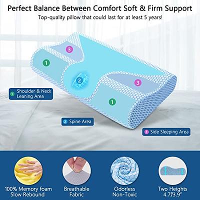  Anvo Memory Foam Pillow, Neck Contour Cervical Orthopedic Pillow  for Sleeping Side Back Stomach Sleeper, Ergonomic Bed Pillow for Neck Pain  - Blue White, Soft : Home & Kitchen