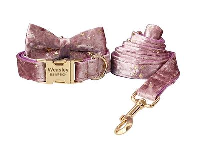 PETDURO Personalized Cat Collar with Bow Tie Gold Buckle Pink Velvet