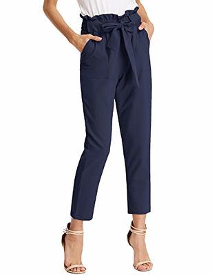 KANCY KOLE Women Tie Belt Paper Bag Waist Trouser Casual Solid Pants for  Outdoor (Navy,M) - Yahoo Shopping