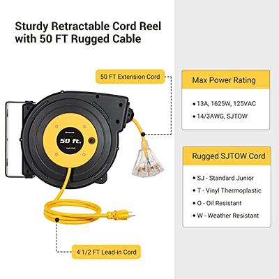 DEWENWILS Retractable Extension Cord Reel, 50FT Power Cord Reel with 14AWG/3C  SJTOW, 13A Circuit Breaker, Wall/Ceiling Mounted, 3-Lighted Triple Outlets  for Garage, Workshop, UL Listed, Yellow - Yahoo Shopping