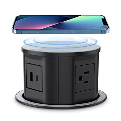 Automatic Pop up Power Outlet with 15W Wireless Charger,Pop up Electrical  Outlets for Countertops,4.7'' Diameter Round Pop Up Counter Outlet with 4