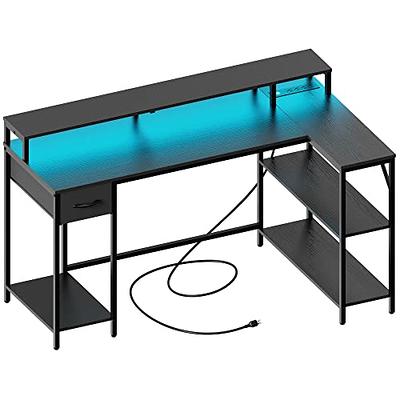 Huuger L Shaped Gaming Desk with Power Outlets, Led Lights, Computer Desk  Office Desk with Storage Shelves, Corner Home Office Desks for Bedroom,  Rustic Brown 