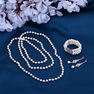 Siifert 5 Pcs Halloween 1920s Pearl Jewelry Set Women Pearl Accessories  Include Pearl Necklace Earrings Bracelet Pearl Bag for Party