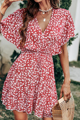 Women's V-neck Belted Short Sleeve Mini Wrap Dress - Cupshe-S-Red