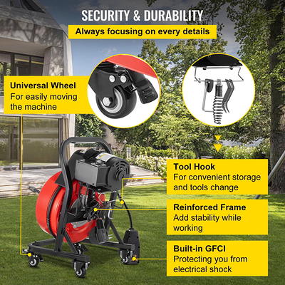 Electric Drain Auger, 50' x 1/2, 250W Sewer Snake Machine Fit 2