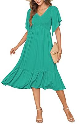 Womens V Neck Ruffle Dress Summer Sexy Flowy Swing Dotted Short Flutter  Sleeve Beach Dresses --- Light Greensize L