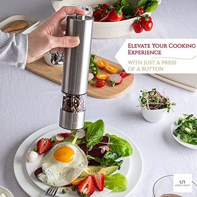 Tomeem Electric Salt and Pepper Grinder Set Stainless Steel Automatic One Hand Operation Adjustable Coarseness Mill Grinders Shakers & LED Light