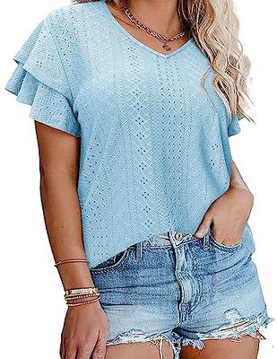 IN'VOLAND Women's Plus Size Ruffle Sleeve Tops V Neck Loose Fit Summer  Casual Blouse T Shirt Light Blue 24W - Yahoo Shopping