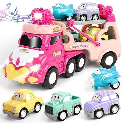 5 Pack Cars Toys for 2 3 4 5 6 Years Old Toddlers Boys and Girls Gift, Big  Transport Truck with 4 Small Cute Pull Back Trucks, with Sound and Light