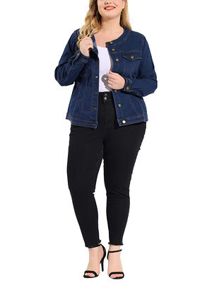 Plus size store collarless denim jacket