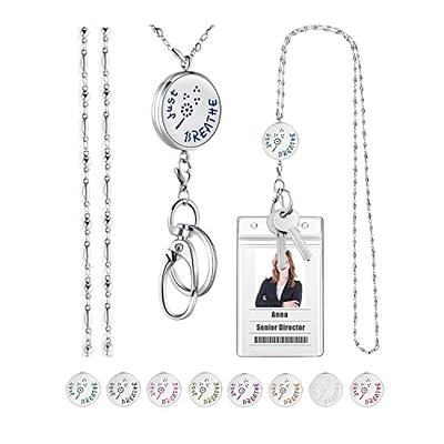 SAM & LORI Strong Pretty Lanyard Necklace for ID Badges Holder and Keys for Women  Stainless Steel Diffuser Metal Lanyard Necklace Silver Chain with Badge Clip  for Teachers Nurse Just Breathe 