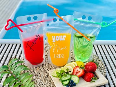 TOPHOUSE 100pcs Drink Pouches for Adults Heavy Duty Hand-Held Translucent  Reusable Juice Pouches with 100 Drink Straws Adult Party Favors