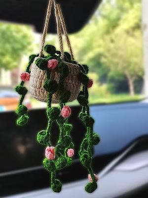 Cute Car Hanging Ornament Plant Accessories Car Mirror Hanging Accessories  for Women Crochet Car Accessories Interior Aesthetic Rear View Mirror Hand