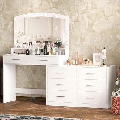 White Vanity Desk with Mirror, Lights and Charging Station - Large Makeup  Table Set with RGB Cabinets and 3 LED Light Modes